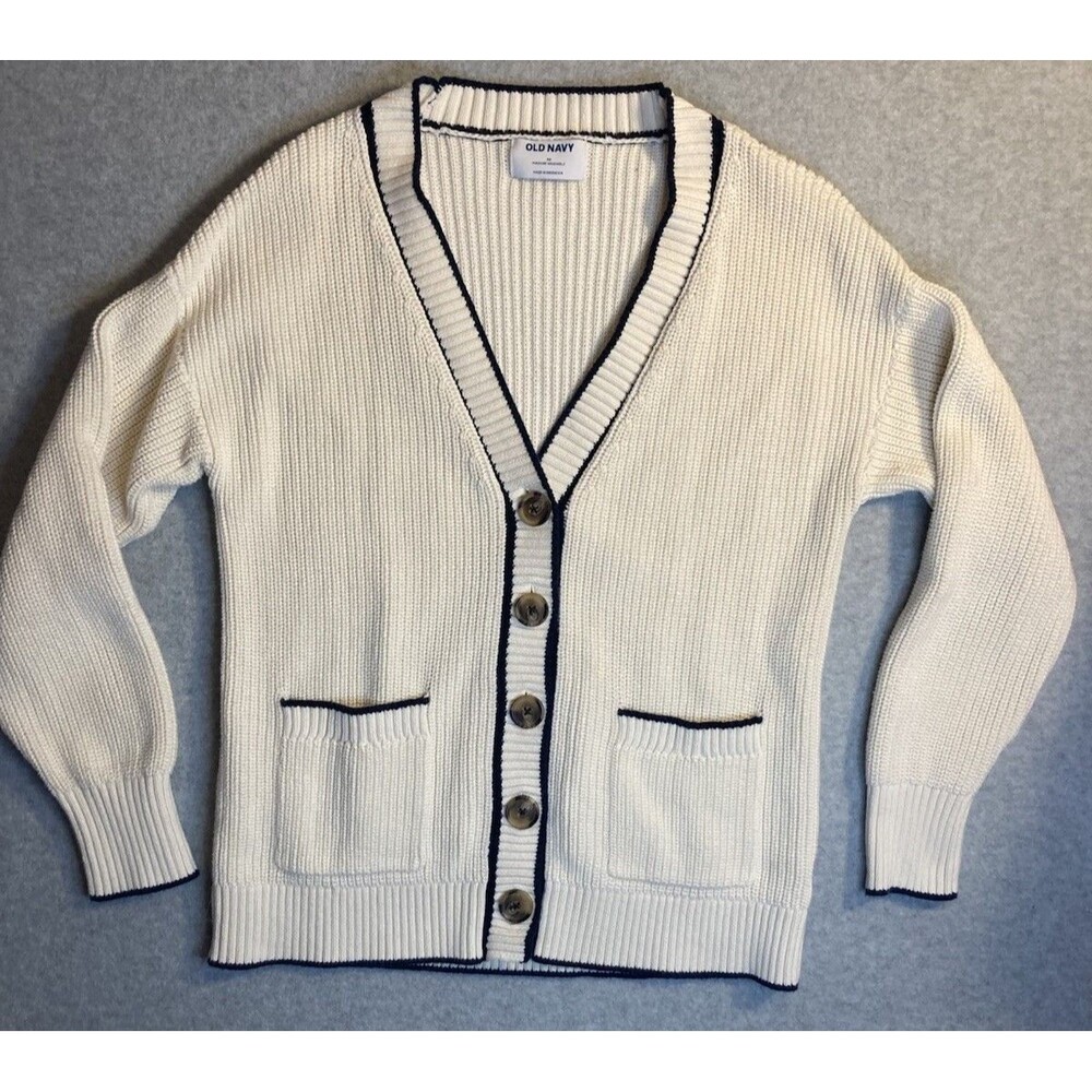 Old Navy W Sz M Sweater Chunky Knit Varsity Cardigan Academia Preppy Cream